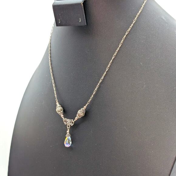 Vintage 925 Sterling Silver Beaded Chain Y Drop AB Crystal Teardrop Necklace - Picture 7 of 9
